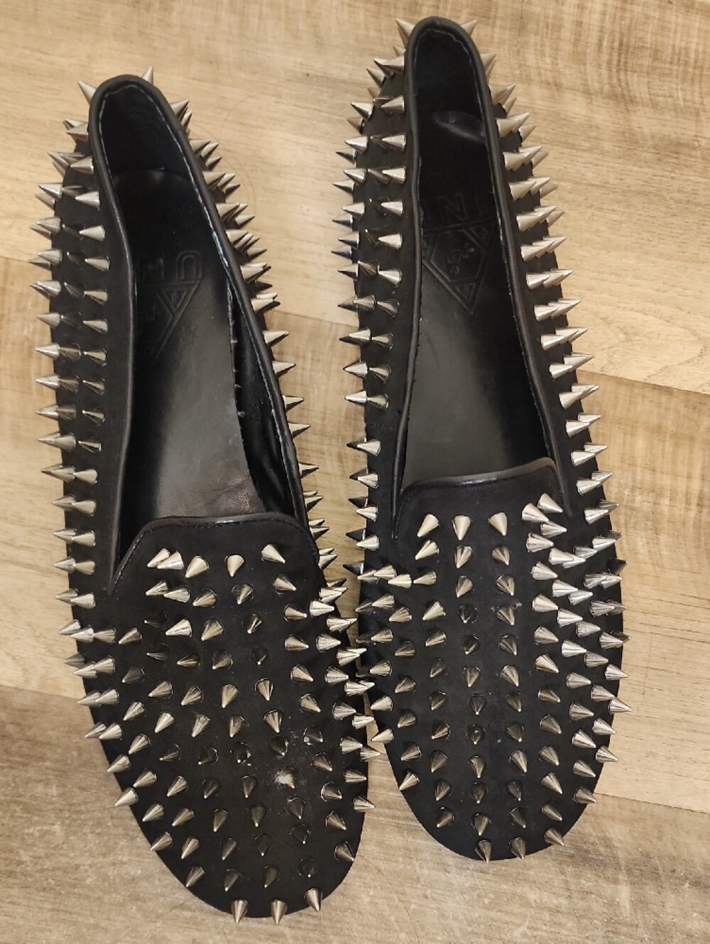 UNIF Hellraisers Black Leather Silver Spiked Loafers Womenโs Size 9